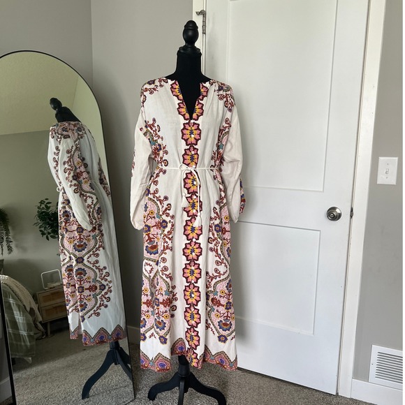 Cleobella Dresses & Skirts - Cleobella Maxi Dress Womens Small White Floral Paisley Cotton Linen Boho Belted